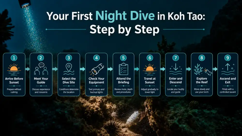 Infographic: your first night dive in Koh Tao step by step, from arriving before sunset to the ascent and exit