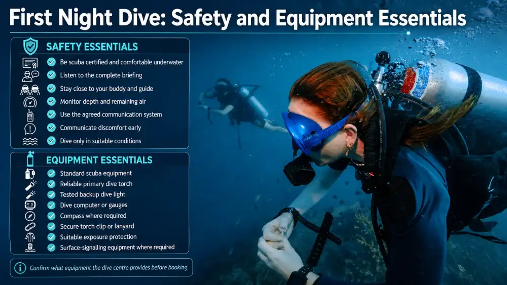 Infographic: safety and equipment essentials for a first night dive, next to a diver holding a torch underwater
