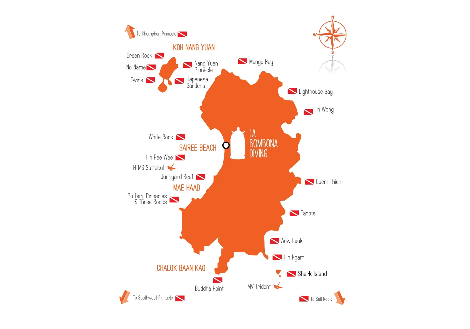 Mapa de los puntos de buceo de Koh Tao, con el centro de La Bombona Diving marcado en la playa de Sairee